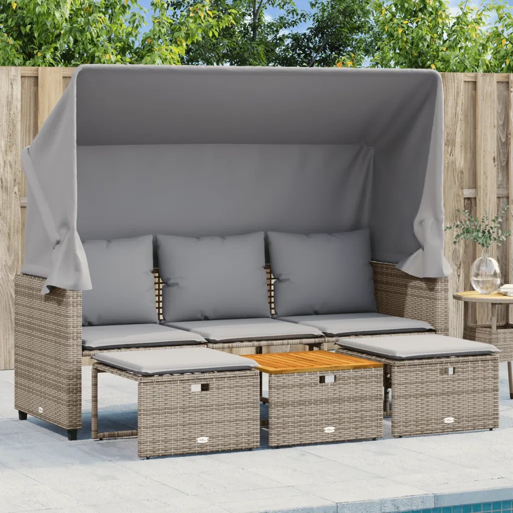 Divano Giardino 3 Posti con Tetto e Sgabelli-Sofa da Giardino-Divanetto da esterno Grigio Polyrattan