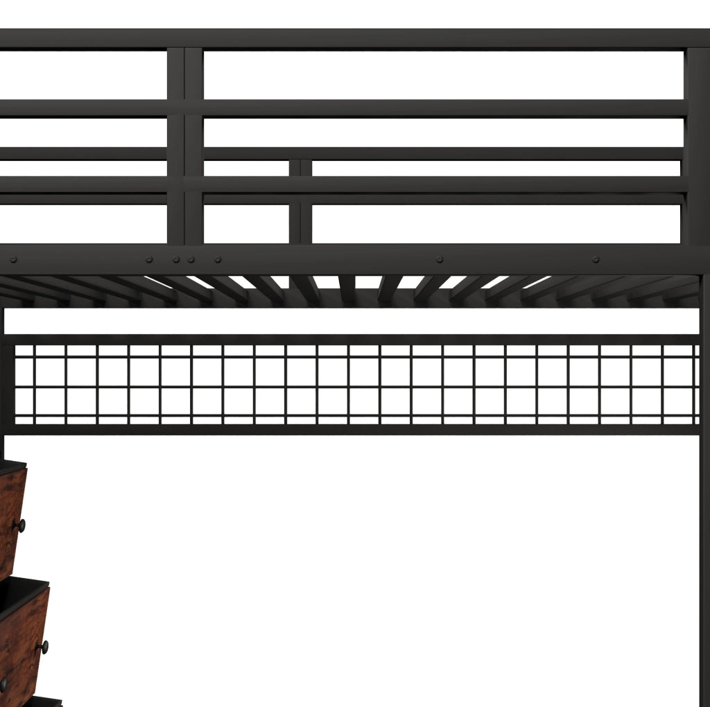 Letto a soppalco 140x200 cm con 8 cassetti; illuminazione LED; metallo e MDF; nero