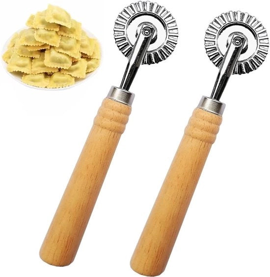 Due Stampa Ravioli con Manubrio Rotativo - Forma Rotonda - Manico in Legno - per Pasta Fatta in Casa - 1.6