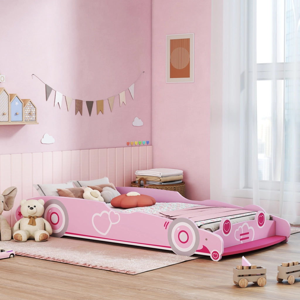 Letto Singolo Infantile con Testiera a Forma di Auto e Barriera Anticaduta ¨C Zephmum ¨C Rosa 70x140 cm