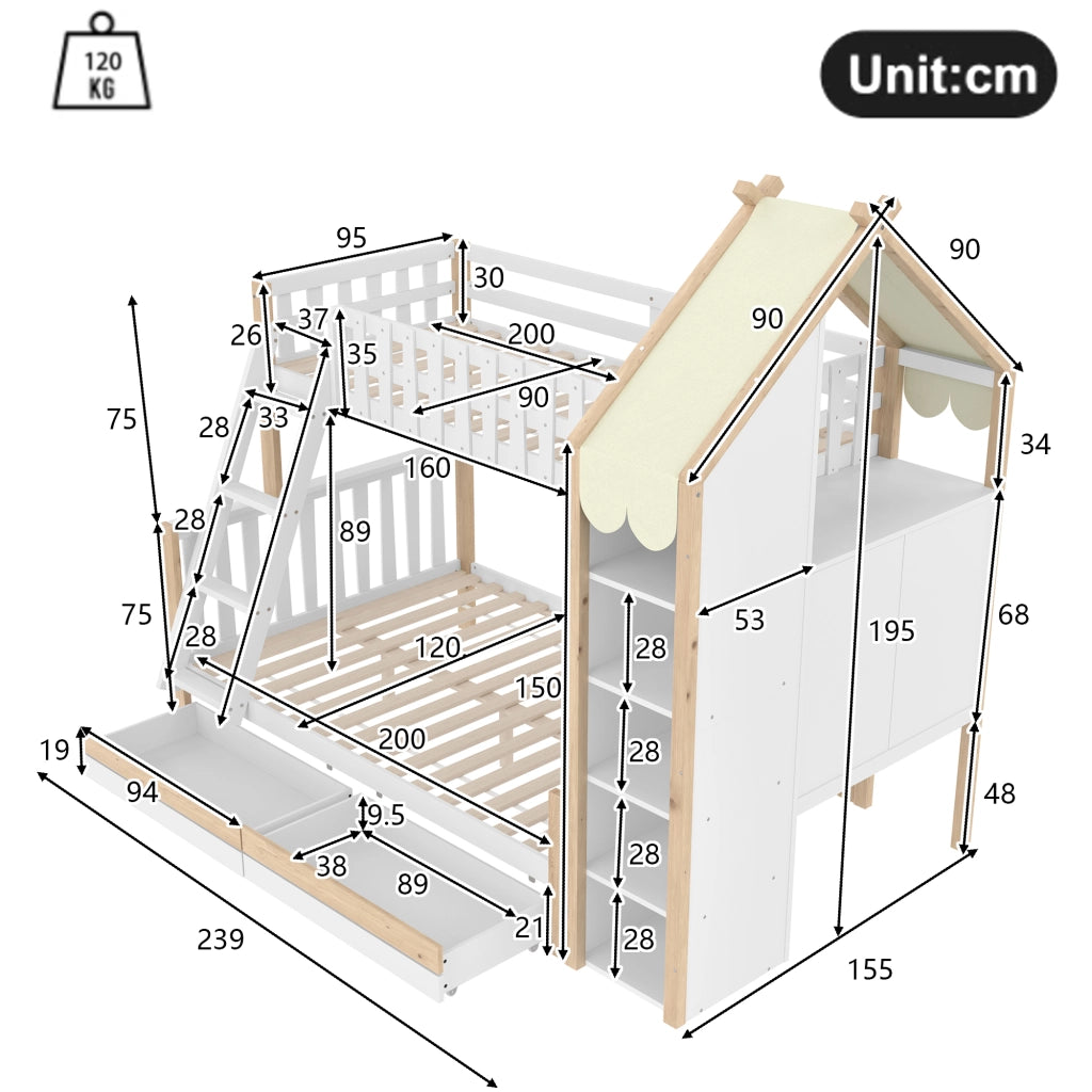 Letto a Castello 140x200 cm e 90x200 cm; 2 Schubladen; Mensole; in Legno; Bianco Naturale