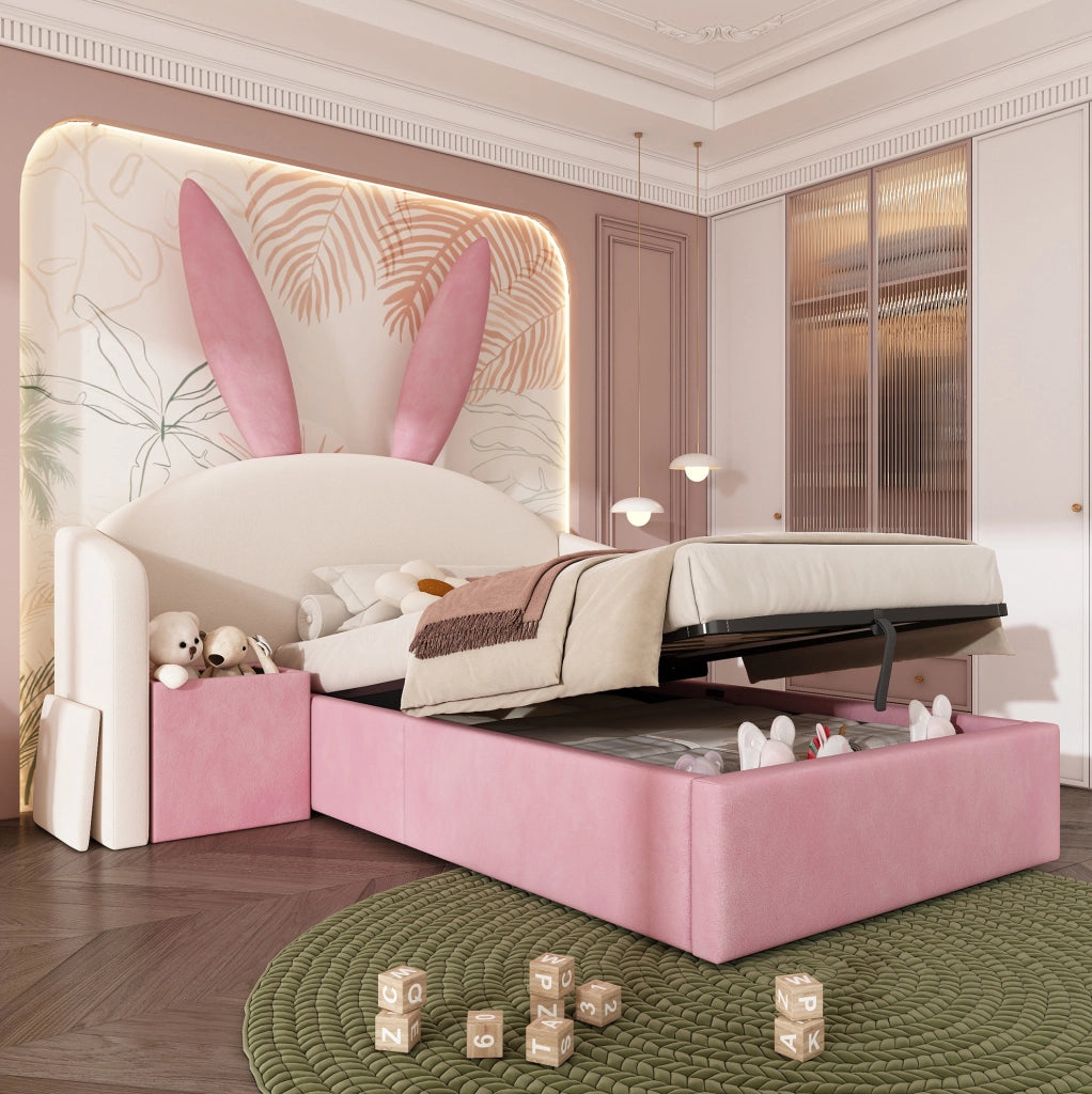 Letto imbottito 90x200 cm con contenitore idraulico e comodino integrato; velluto beige e rosa
