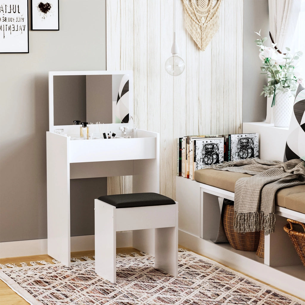 EasyComfort Postazione Trucco con Specchio Richiudibile, Toeletta Trucco Moderno, con Sgabello, Vano Contenitore a 10 Scomparti, MDF Bianco, 60.2 x 40.2 x 79cm