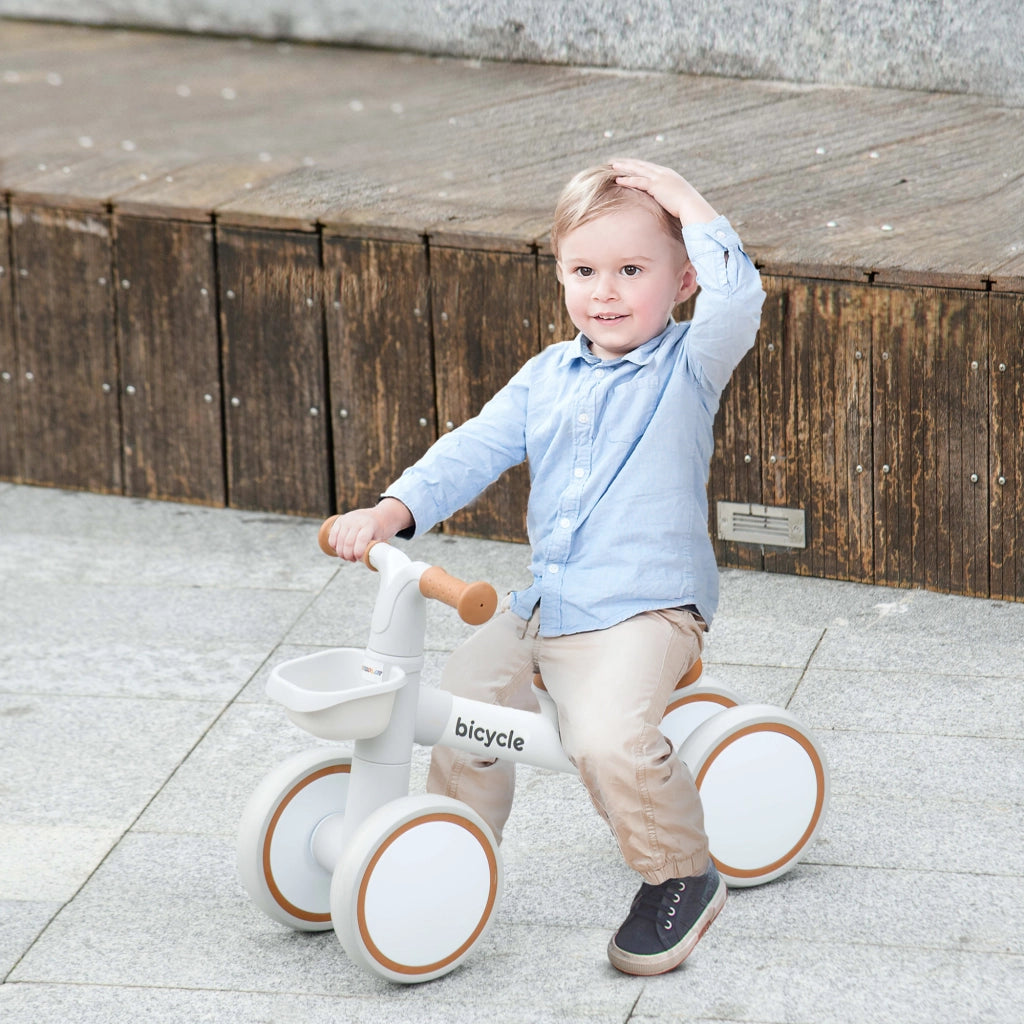 Bicicletta senza pedali per bambini con sella regolabile ¨C zephmum ¨C 4 ruote, colore marrone e bianco