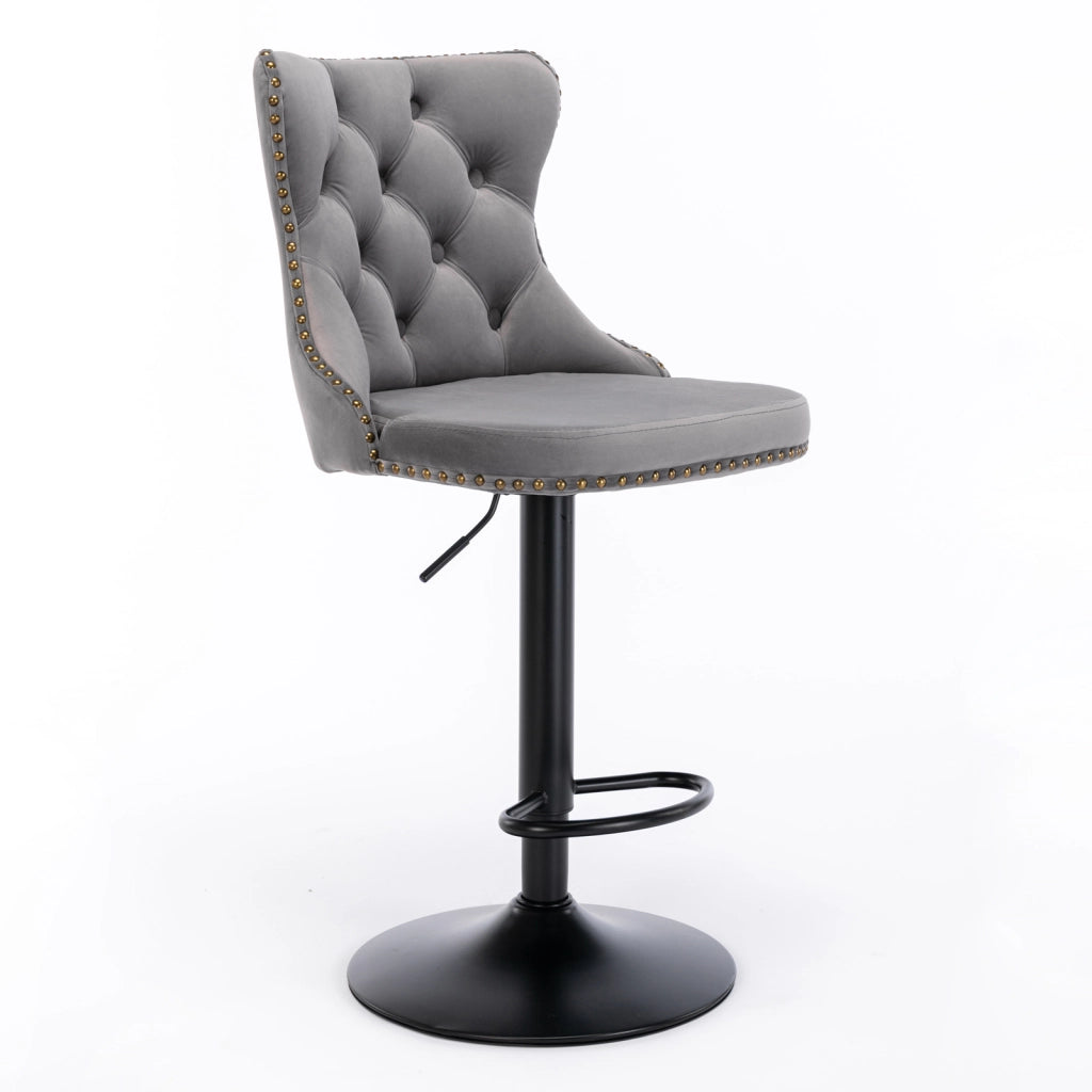 Sgabello da bar girevole in velluto con altezza regolabile, schienale ergonomico e base cromata stabile, grigio