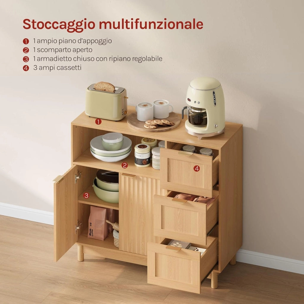 Credenza con 3 Cassetti, 2 Ante e 1 Scomparto Aperto, Mobile da Cucina Salvaspazio in Legno, con Ripiano Regolabile, per Soggiorno, Cucina, 90x35x80 cm, Effetto Legno