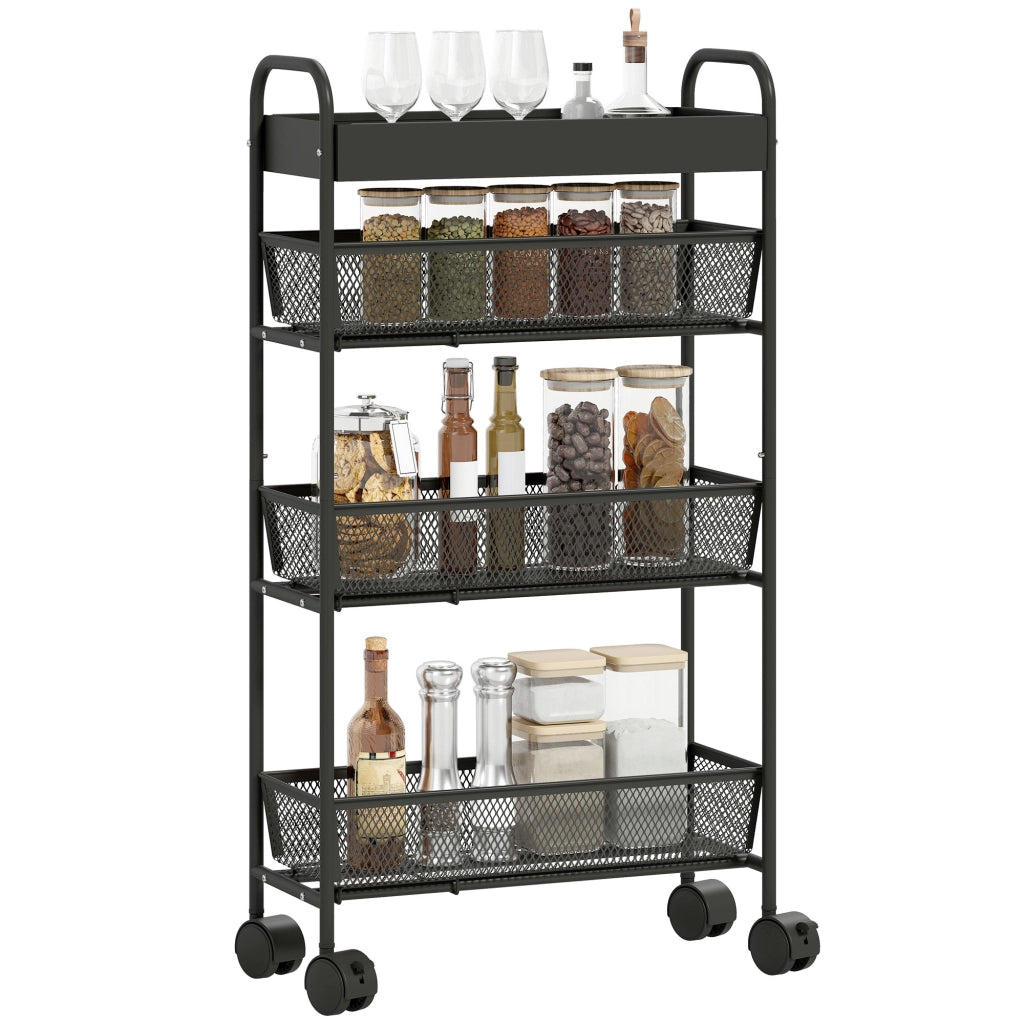 Carrello a 4 livelli con 3 cesti scorrevoli ¨C zephmum ¨C nero 80x43.2x19 cm