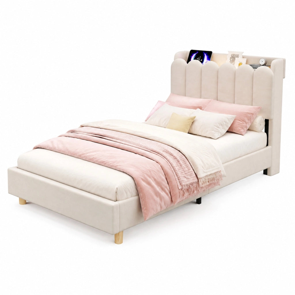 Letto per Bambini 90x200 cm; Singolo - USB; Tipo C e Lampada da Lettura - in Velluto Beige