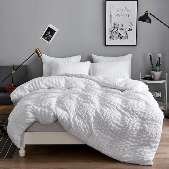 Coperta da letto, 155 x 220 cm, 2 pezzi, bianca, con relief, strutturata, liscia, sbuffata, microfibra, morbida coperta da letto con chiusura a cerniera e 1 cuscino da 80 x 80 cm