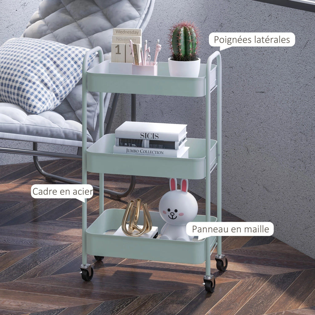 Carrello Servizio 3 Ripiani ¨C Zephmum ¨C Blu Acciaio 45x30.6x79 cm