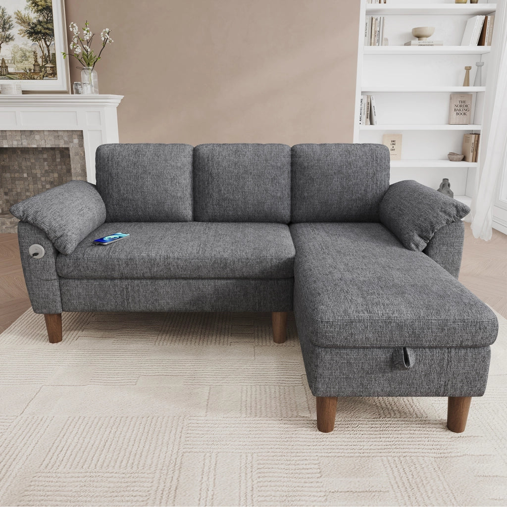 Divano angolare 3 posti con chaise longue contenitore; USB e tasche in chenille grigio chiaro