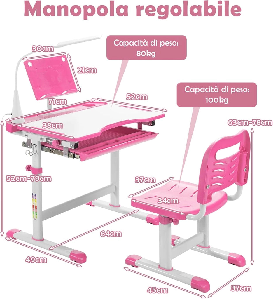 Set Scrivania e Sedia per Bambini, Tavolo Regolabile in Altezza con Piano Inclinabile 45° e Luce LED 3 Modalità, Tavolo e Sedia Ergonomica in Materiali Sicuri per 4+ Anni (Rosa)