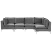 Divano ad angolo componibile versione sinistra a 5 posti in velluto grigio con gambe in metallo argento stile glamour