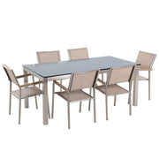 Set da pranzo da giardino beige con piano in vetro Nero 6 posti 180 x 90 cm