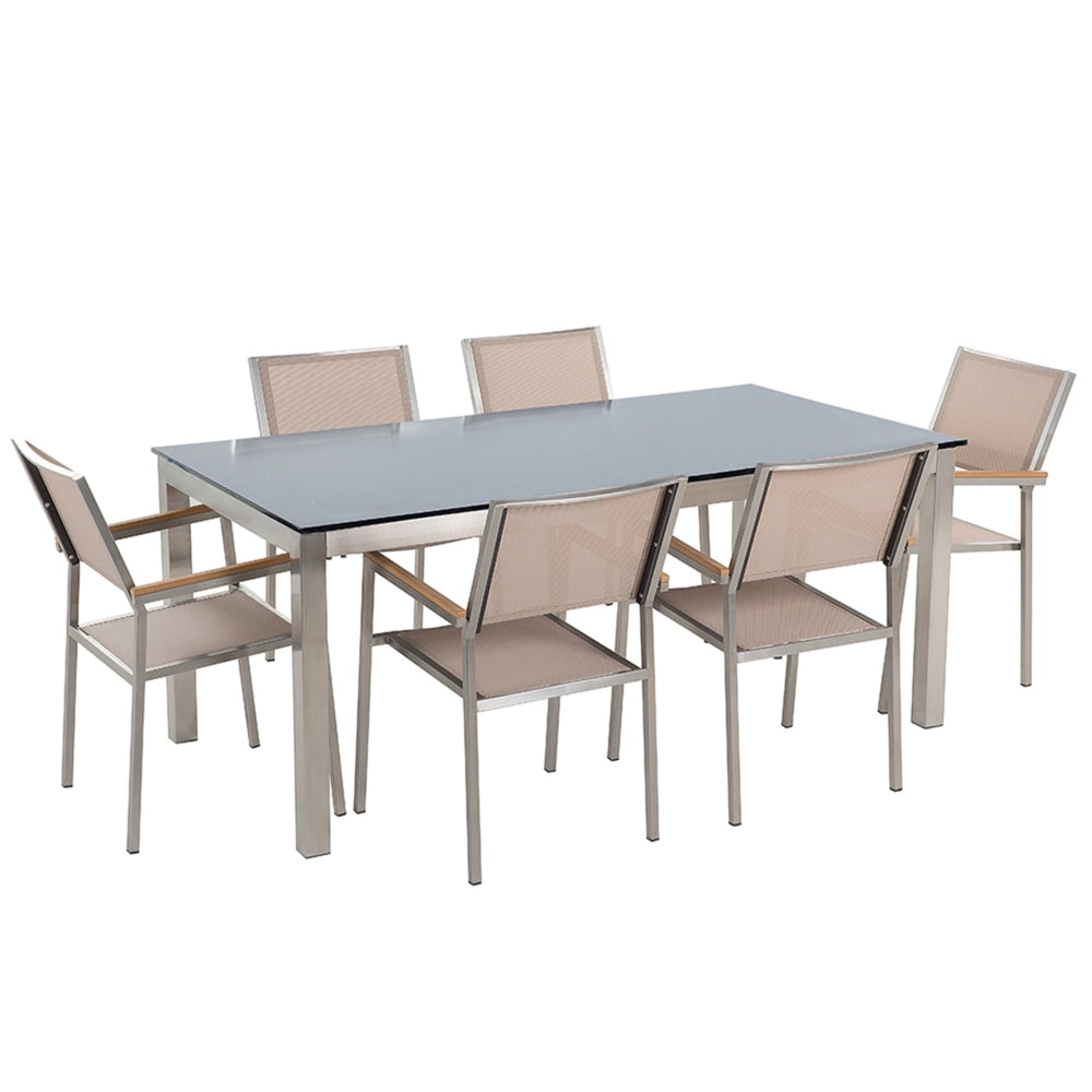 Set da pranzo da giardino beige con piano in vetro Nero 6 posti 180 x 90 cm