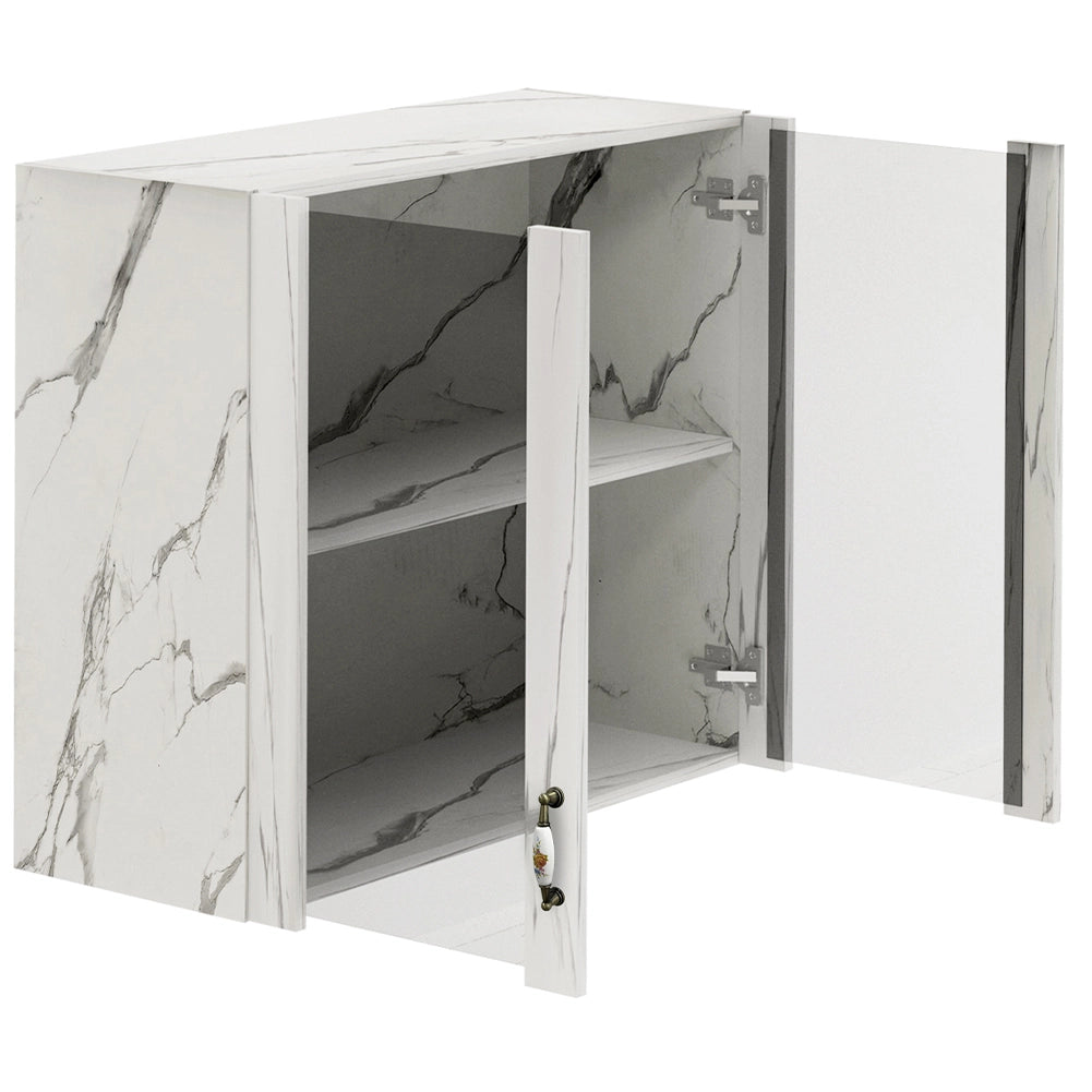 Pensile da Cucina Armadio Sospeso con Vetro da Parete Bianco Effetto Marmo