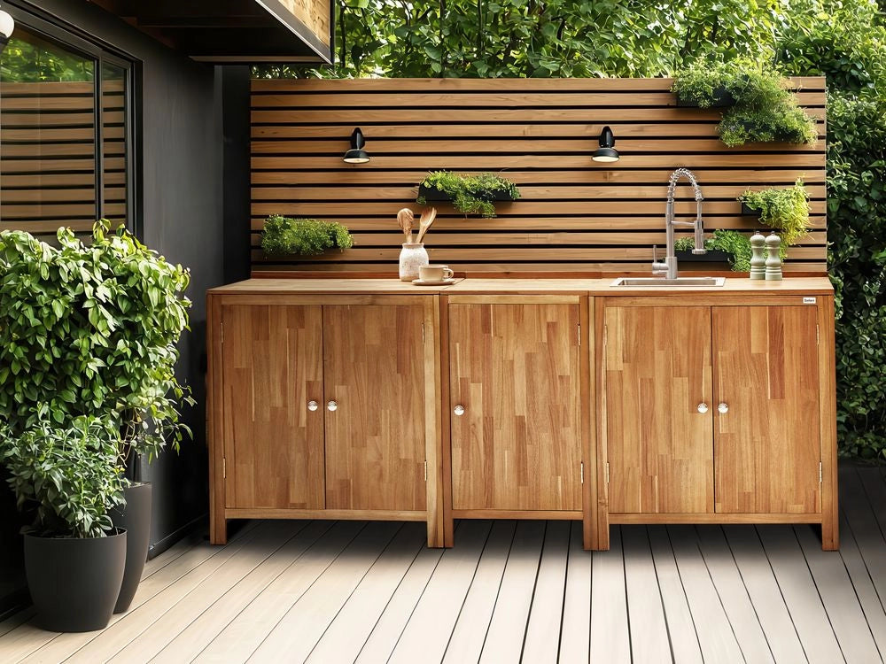 Set di armadietti da cucina per esterni con lavello e rubinetto Marrone e argento in legno di acacia Unità di scaffali in acciaio inox