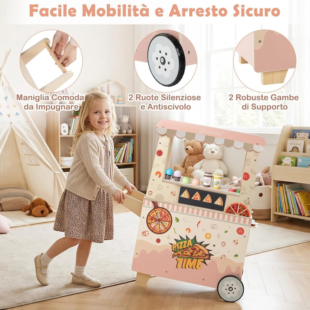 Carrello Pizza Giocattolo per Bambini, Carrello Gelato in Legno con Ruote, Distributore Automatico, Espositore e 41 Accessori, Centro Attività Montessori per Bambini 3+ Anni, 81 x 33 x 88 cm