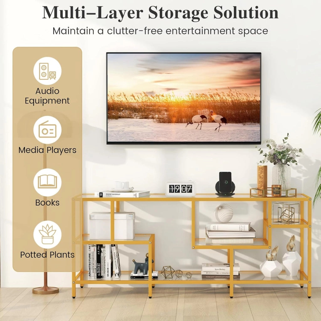 Mobile TV, Mobile per Tv fino a 65 Pollici, Supporto per TV con 5 Piani Aperti, con Struttura in Metallo e Piani in Vetro Temperato, Ideale per Soggiorno e Camera da Letto, 147 x 40 x 62 cm