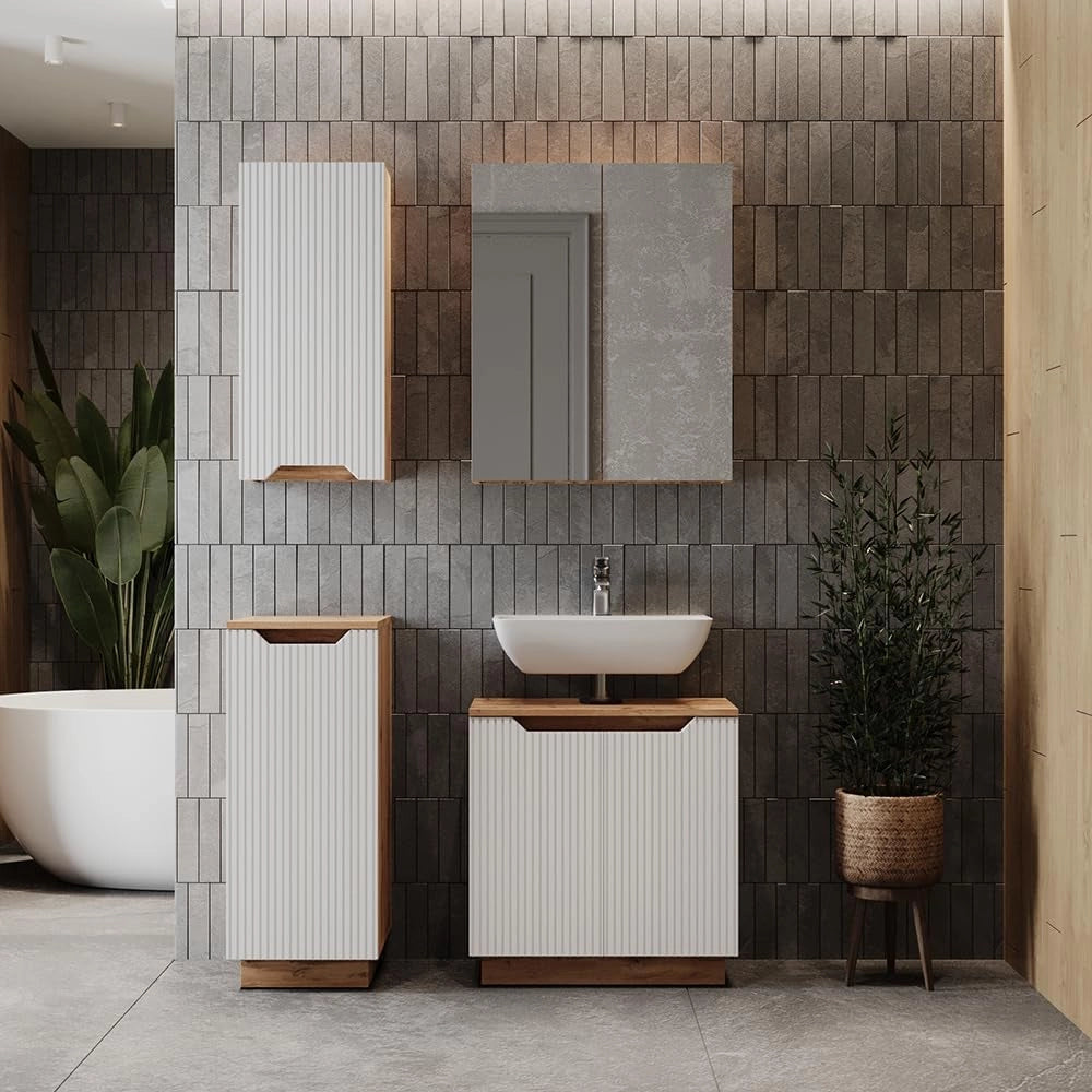 Set di mobili da bagno Lotta, Rovere/bianco a strisce, 4 parti