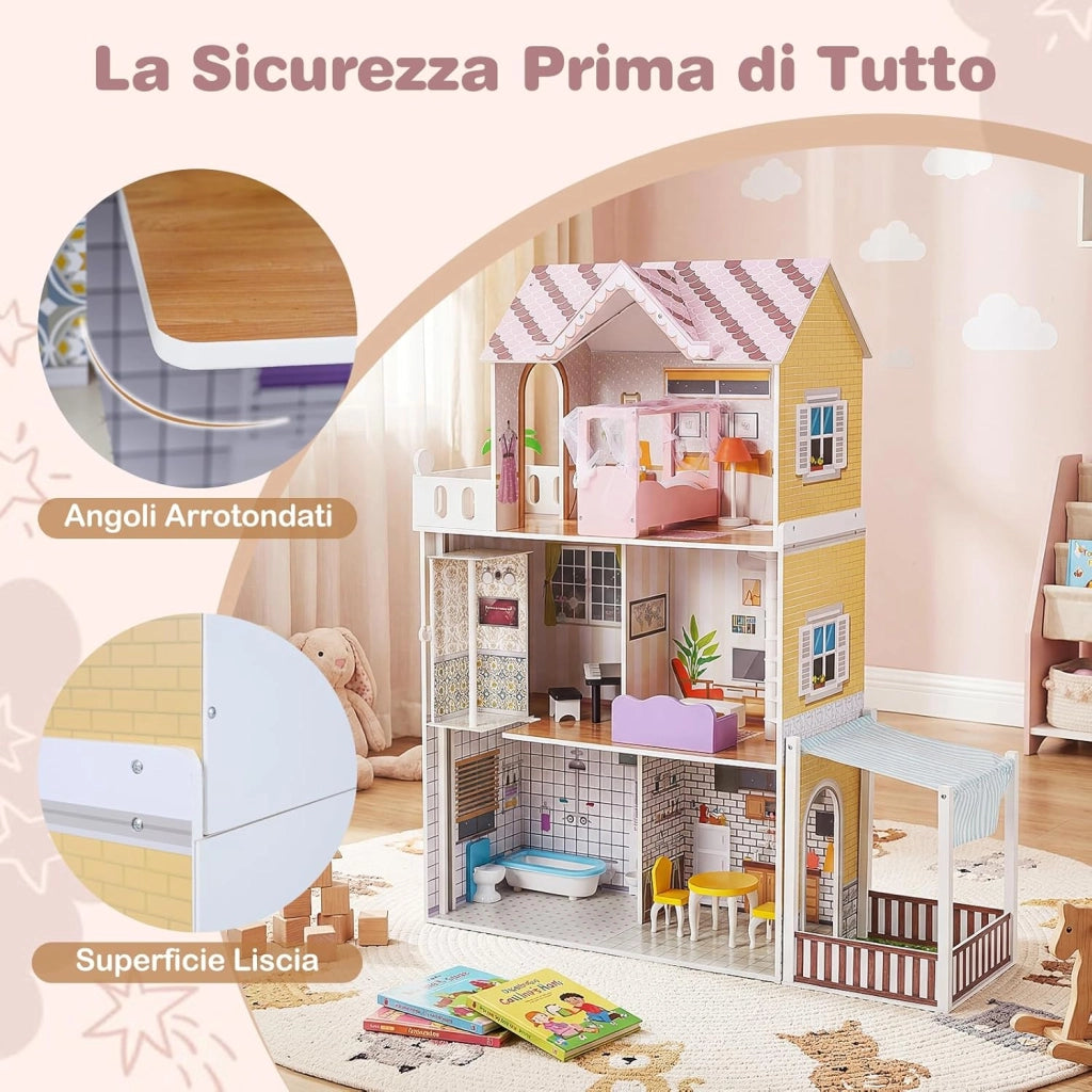 Casa delle Bambole in Legno, Casa Barbie a 3 Piani con Mobili, Ascensore, Balcone, Giardino e 16 Accessori, Fai-da-Te Giocattolo per Bambini 3+ Anni,102 x 34 x 120,5 cm