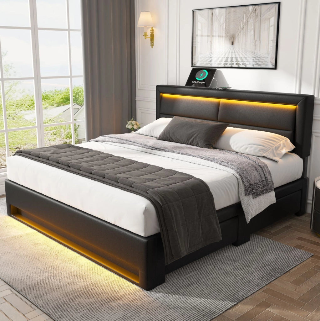 Letto imbottito nero 140 x 200 cm con ricarica, LED e 4 cassetti