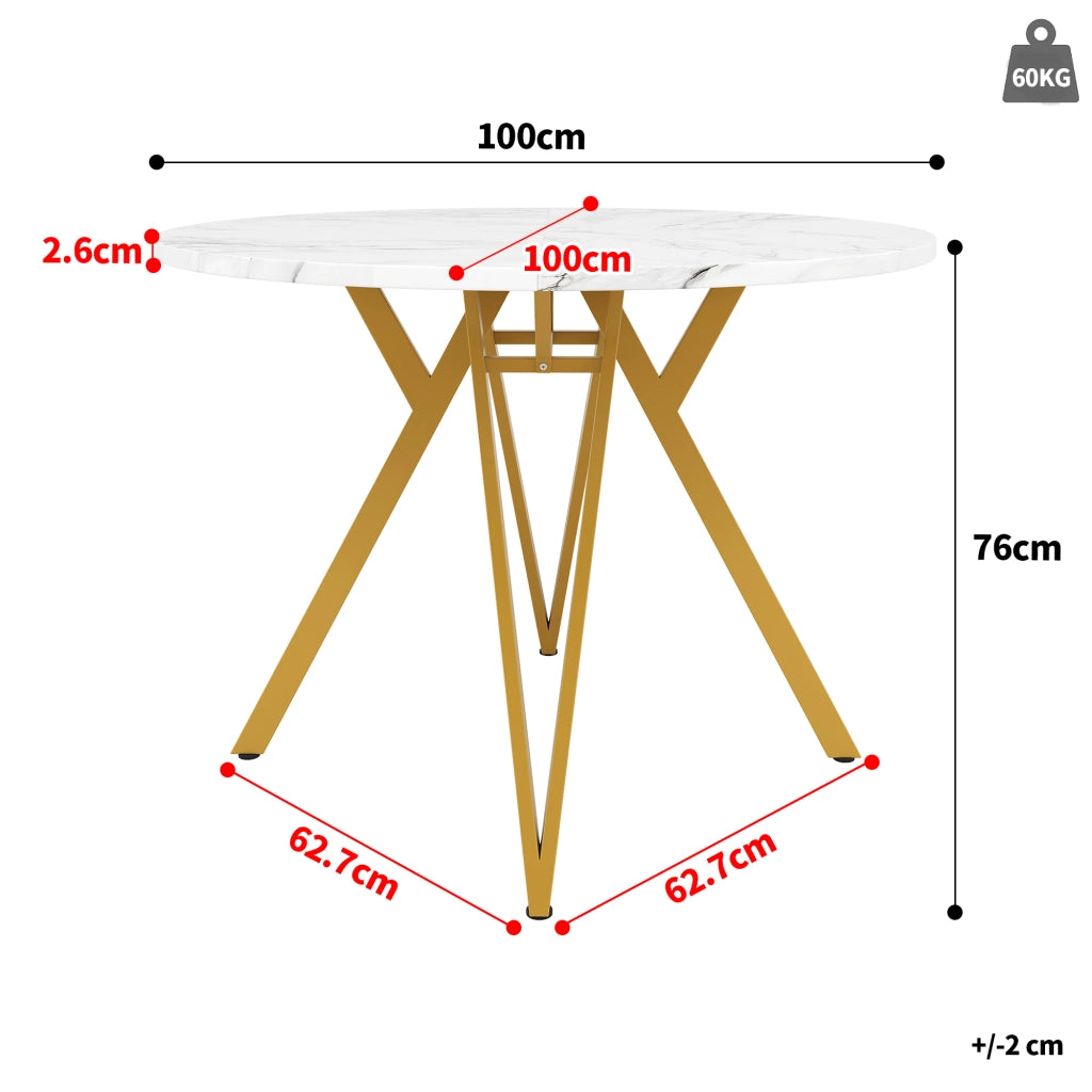 Tavolo da pranzo rotondo con piano in MDF effetto marmo e base in metallo, per sala da pranzo, oro 100 × 100 × 76 cm