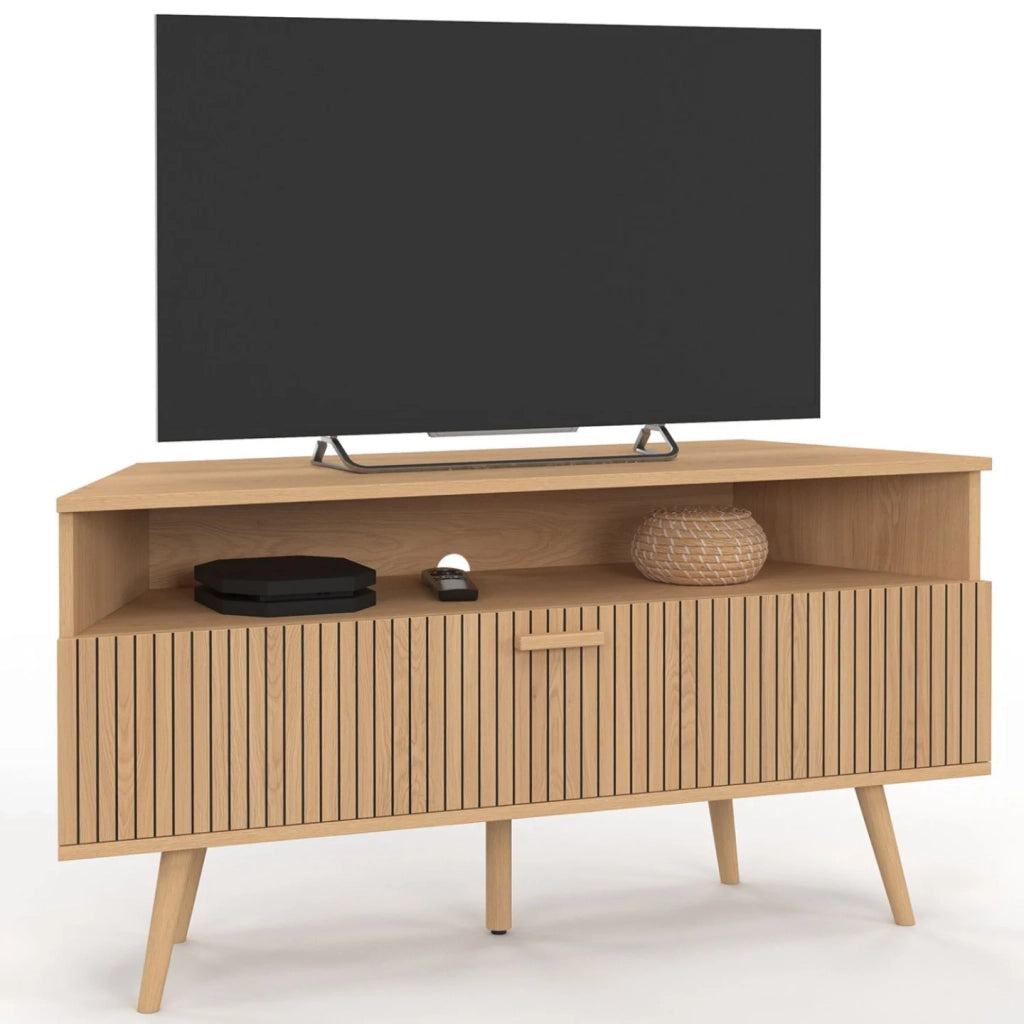 IDMarket - Mobile TV angolare JULIETTE 110 cm con 1 anta a doghe effetto rovere