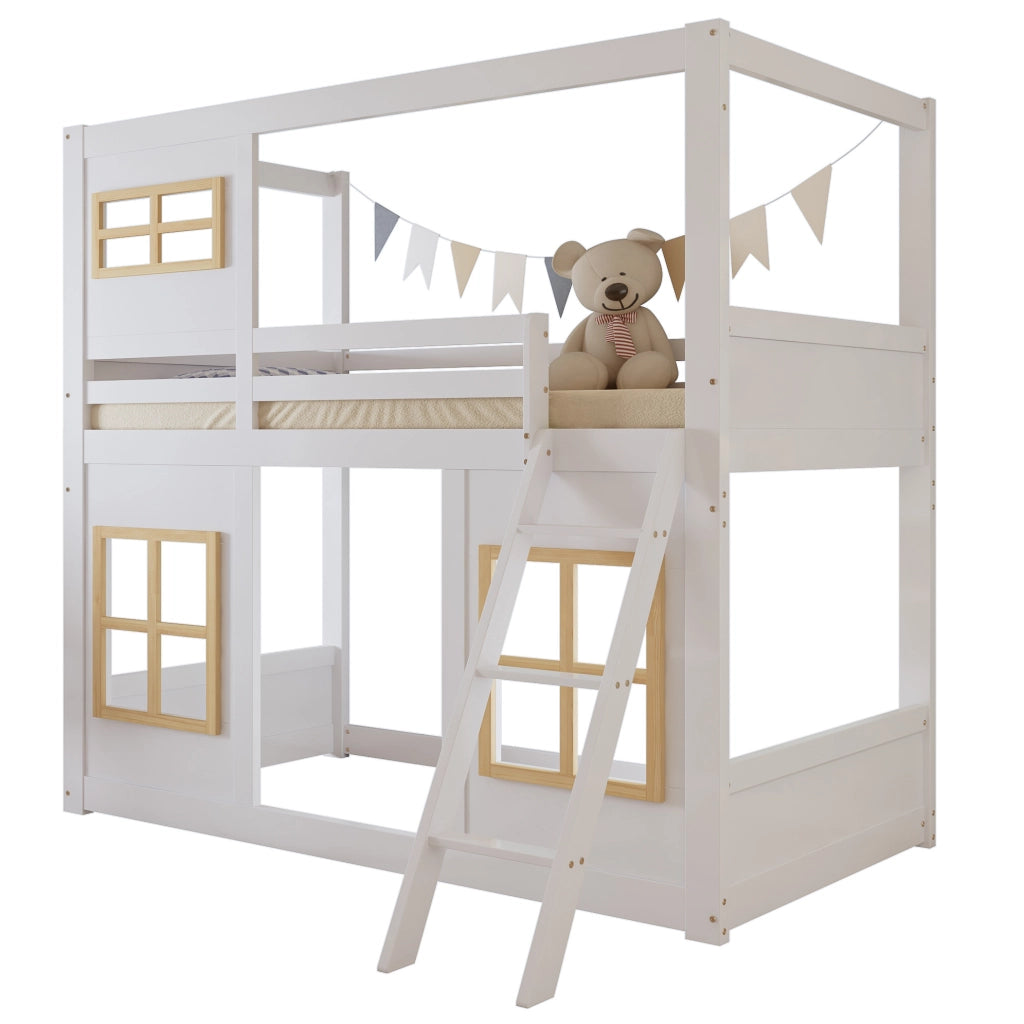Letto a castello per bambini in pino, MDF e compensato, bianco e naturale, 90x200 cm con finestre decorative e scala robusta
