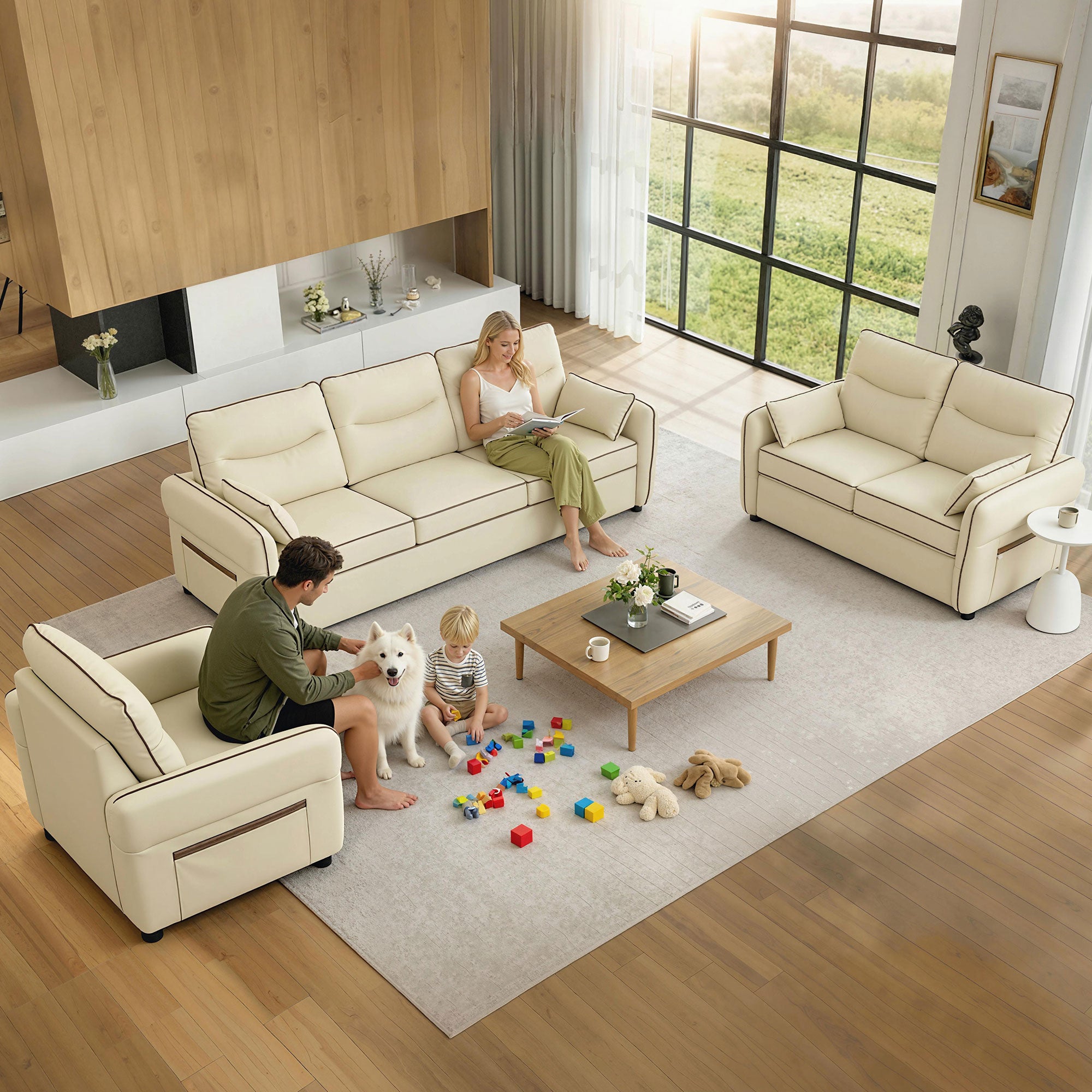 Divano 3 Posti 190x83x90 cm con Imbottitura Spessa Tasca Laterale e 2 Cuscini in Finta Pelle Beige