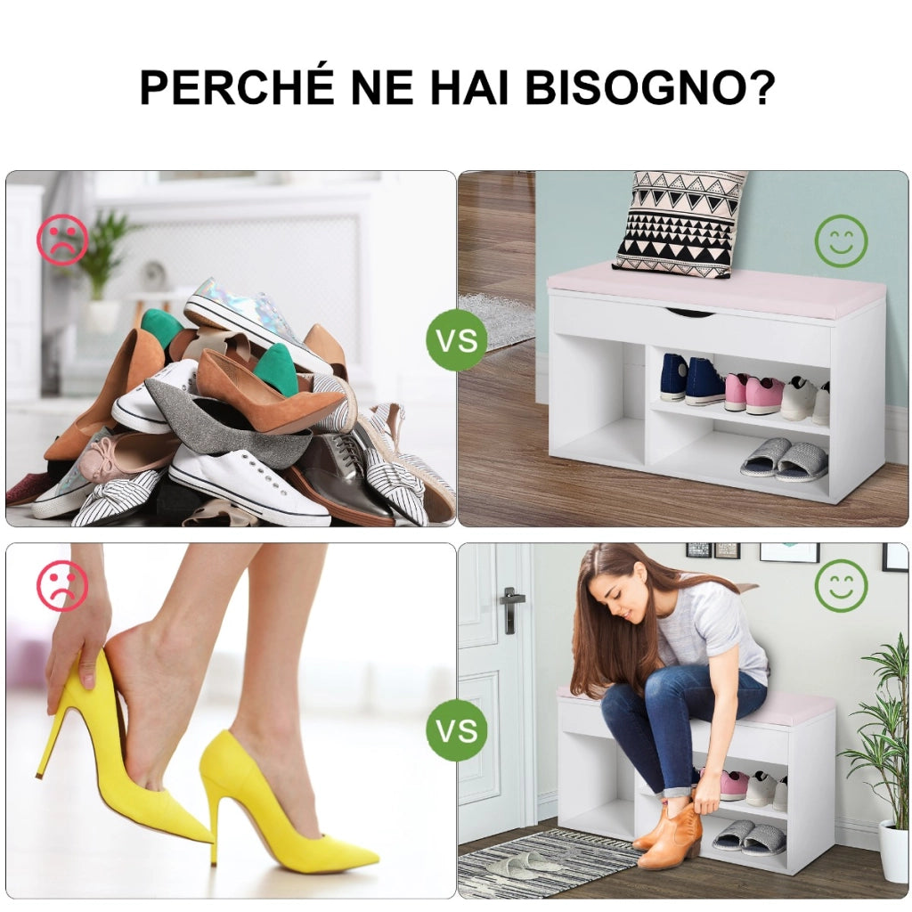 EasyComfort Panca Scarpiera, Mobile Portascarpe Salvaspazio con Sedile Imbottito Ribaltabile da Ingresso Legno, 80x30x47cm, Bianco