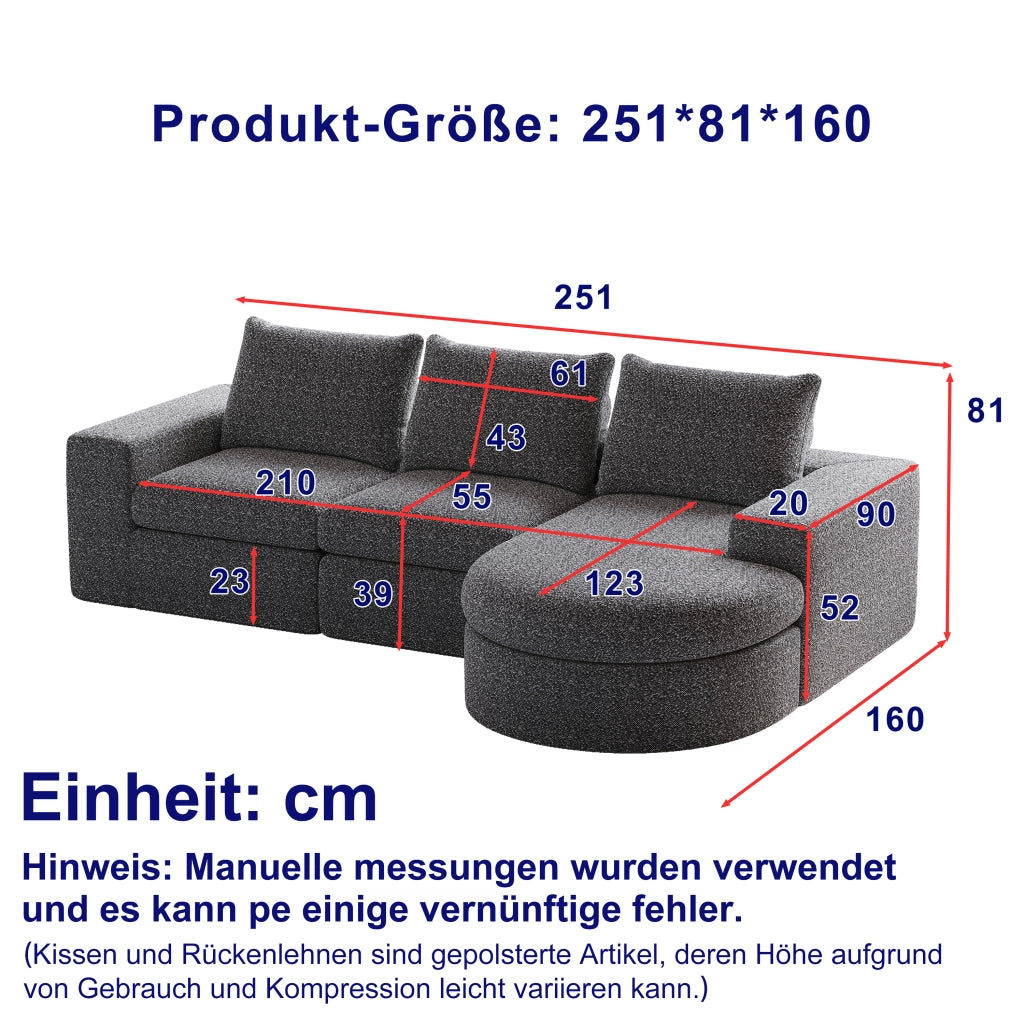 Divano angolare modulare in ciniglia con chaise longue reversibile e supporto in ferro, cuscini cervicali grigio