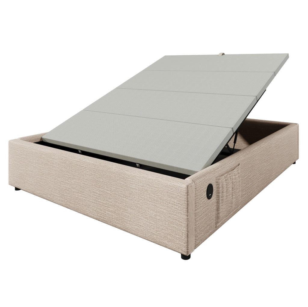 Letto contenitore matrimoniale 160x200 cm in lino beige e naturale con USB e Type-C; senza testiera
