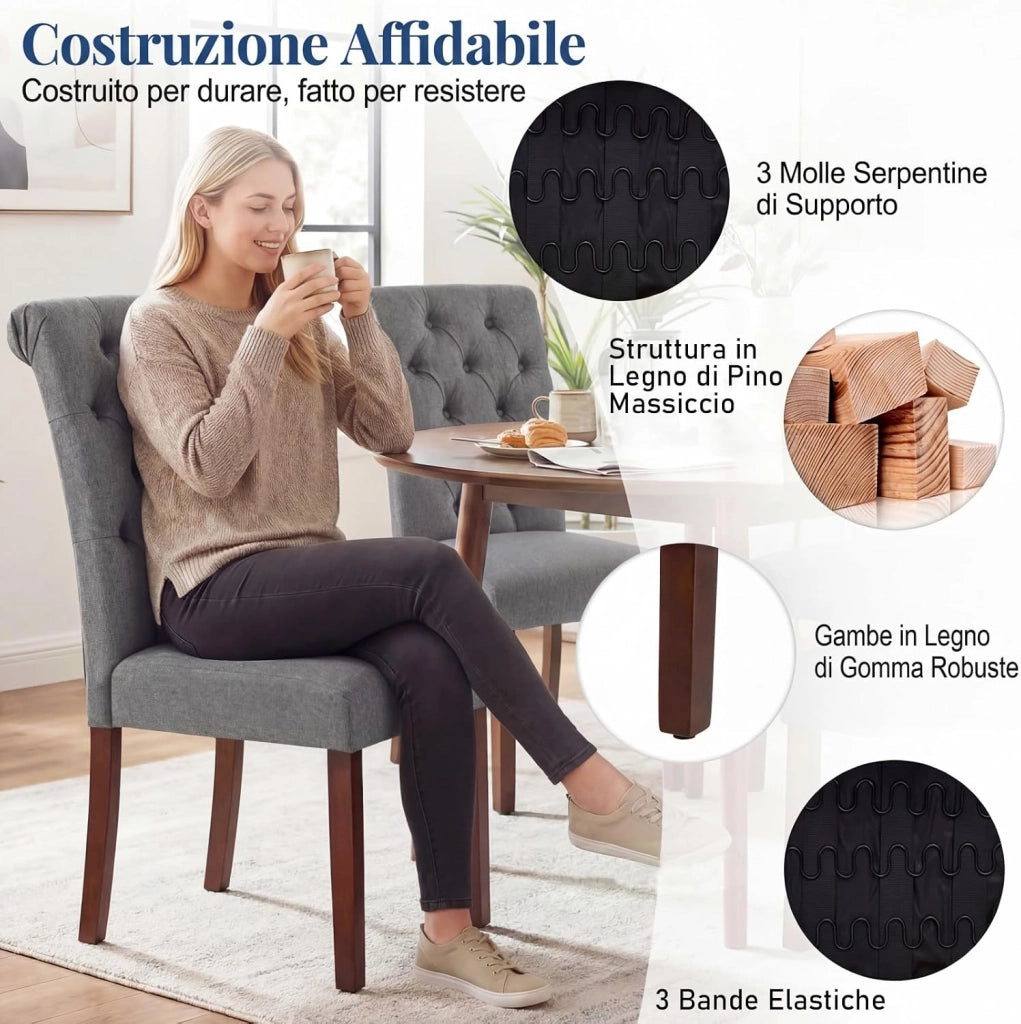 Set di 2 Sedie Imbottite da Cucina, Sedia Sala da Pranzo con Schienale Alto, Cuscino Comodo e Gambe in Legno Massello, Sedia Moderno per Camera da Letto, Salotto, Salone e Ristorante (Grigo)