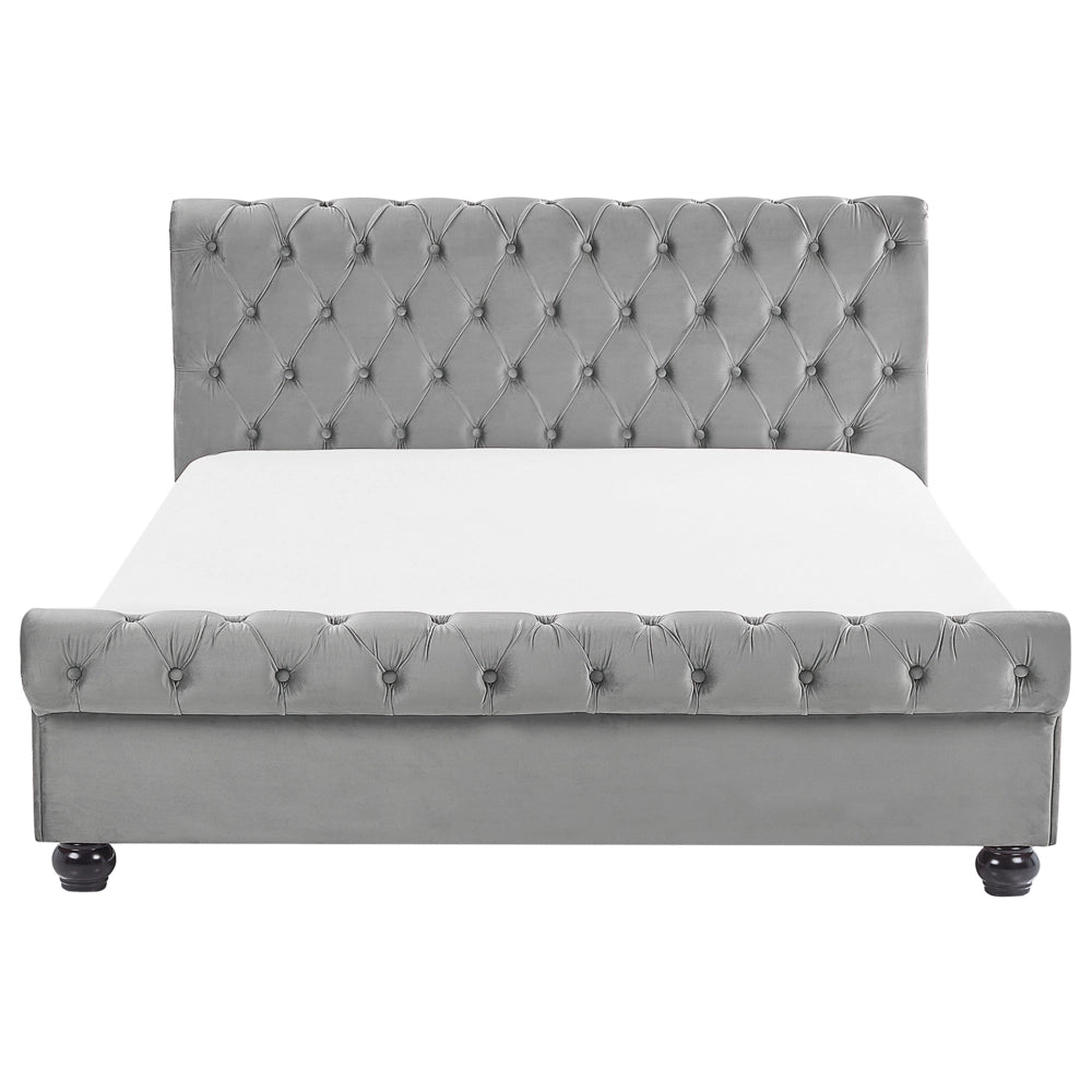 Letto Rivestimento in velluto grigio Gambe in legno Nero 160 x 200 cm capitonnè Glam
