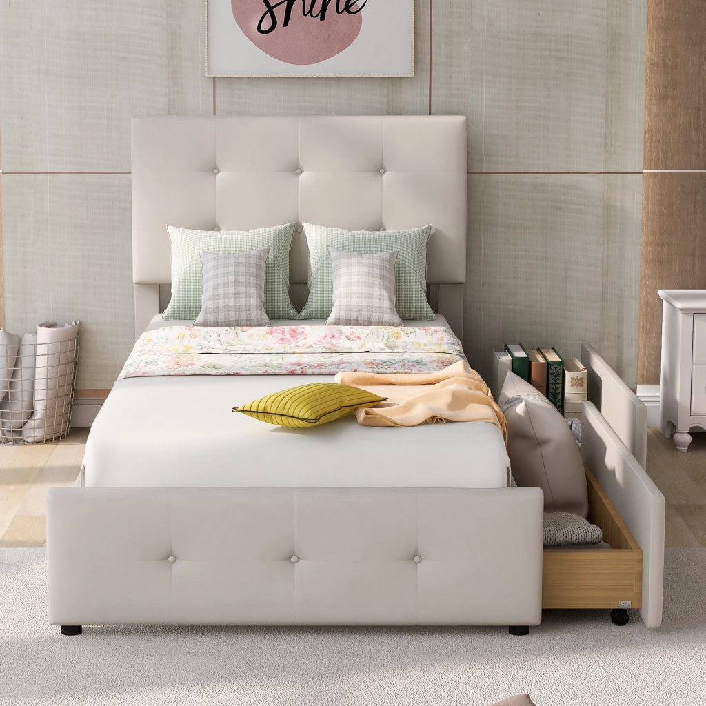 OKWISH Letto con Cassetto 90×200 cm, Letto Singolo con Testiera Imbottita e 1 Cassetto, senza Materasso, in Velluto, Beige
