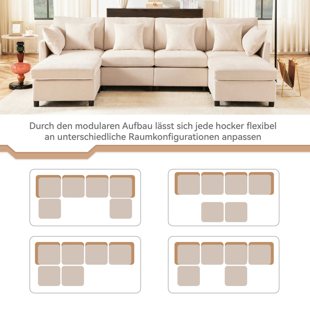 Divano modulare ULEVR 278x161 cm da 4-6 posti con 2 pouf mobili e 6 cuscini, in ciniglia beige