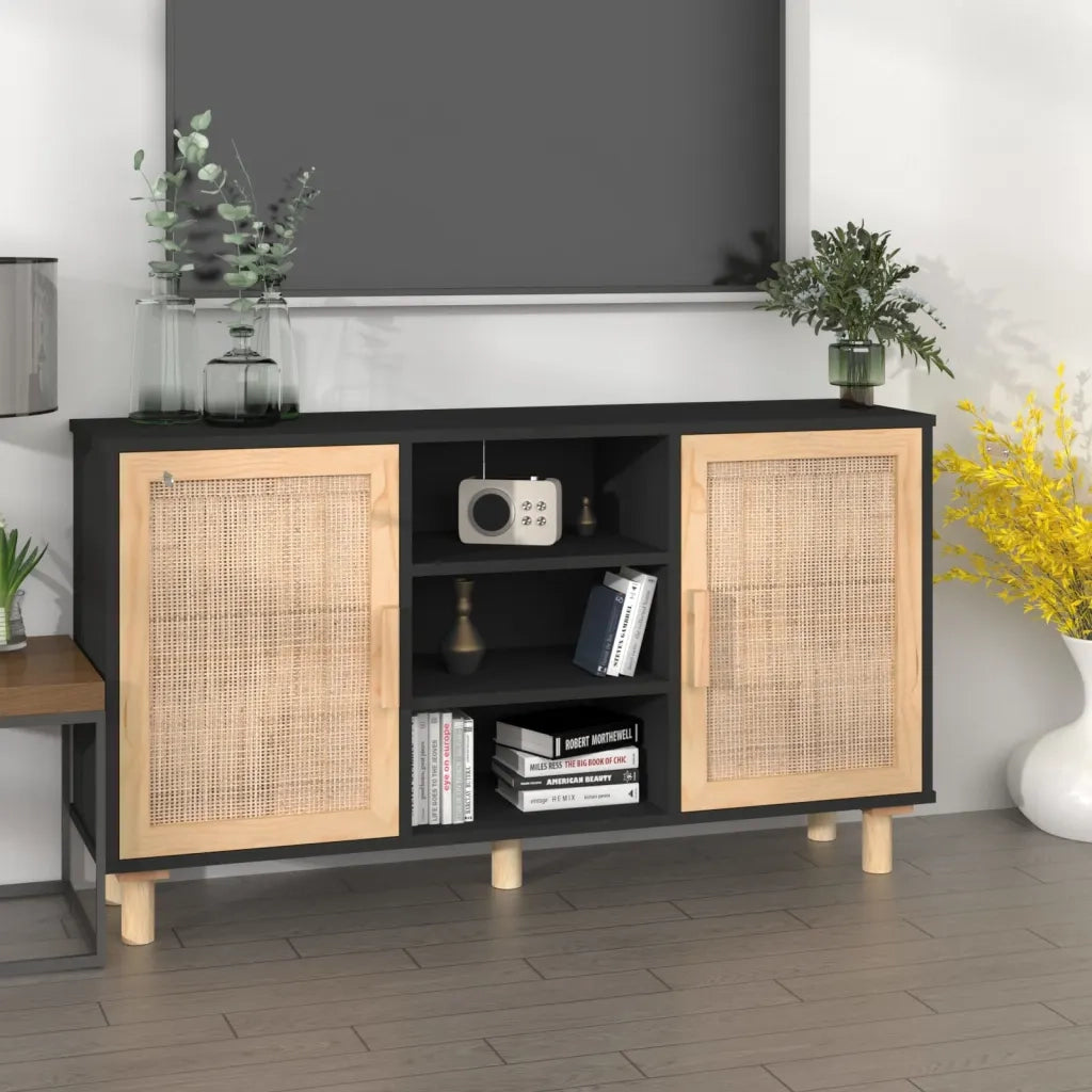 Credenza Nera 105x30x60cm Legno Massello Pino e Rattan Naturale 345640
