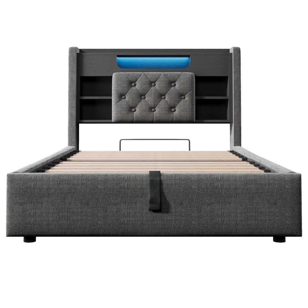 Letto contenitore 90x200 cm con LED, USB e testiera con ripiani