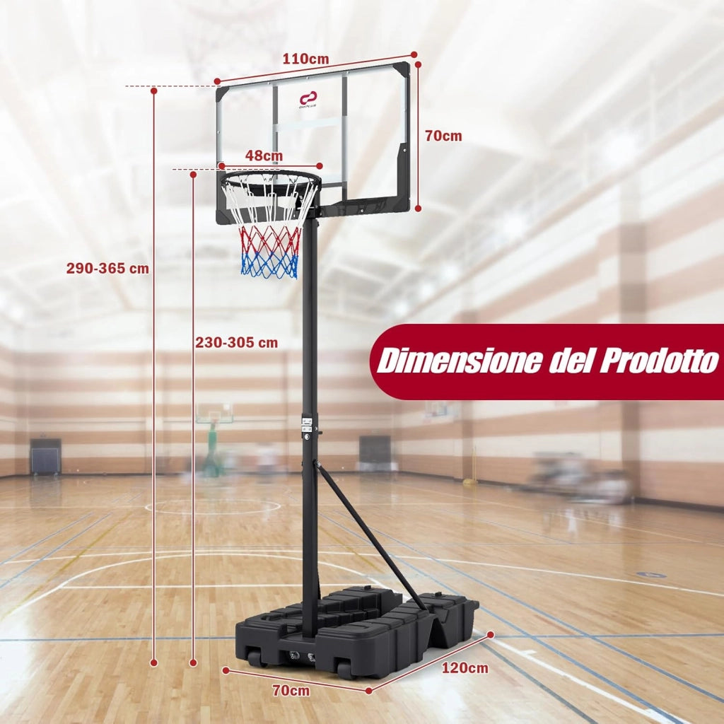 Canestro da Basket da Esterno ed Interno, Canestro da Basket Professionale e Pieghevole con Altezza Regolabile 230-305 cm, Tabellone in PC Infrangibile e Base Mobile con Ruote e Riempibile