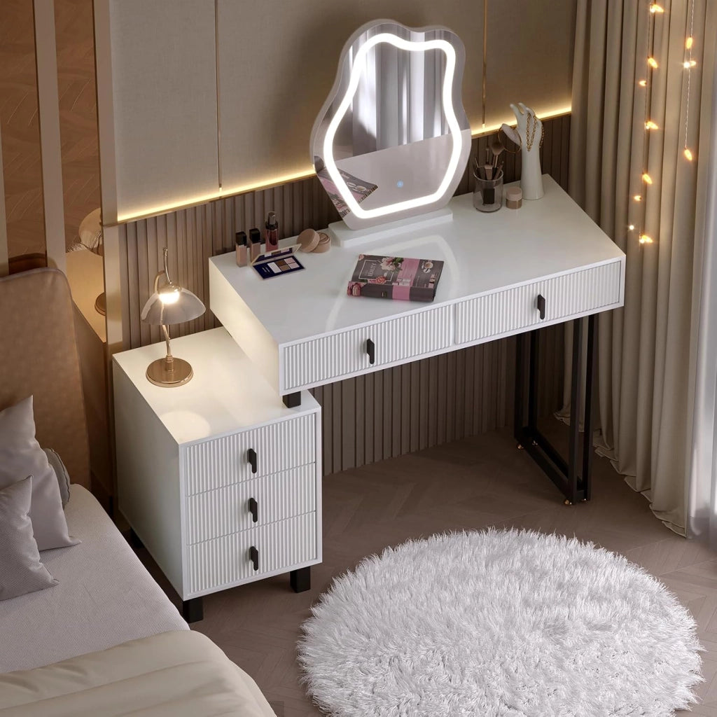 Toeletta con Luce LED, Luminosità Regolabile, Specchio a Nuvola, Piano Lucido, 5 Cassetti in Legno Massiccio, 1 Cassettiera, Moderno, Bianco e Nero, MB6118ws