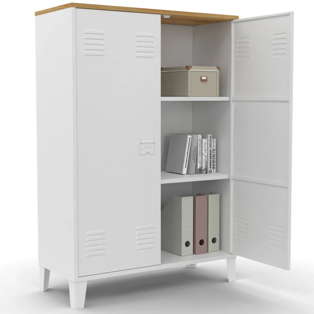 IDMarket - ESTER Armario de 2 puertas de metal blanco con encimera de madera de diseño industrial