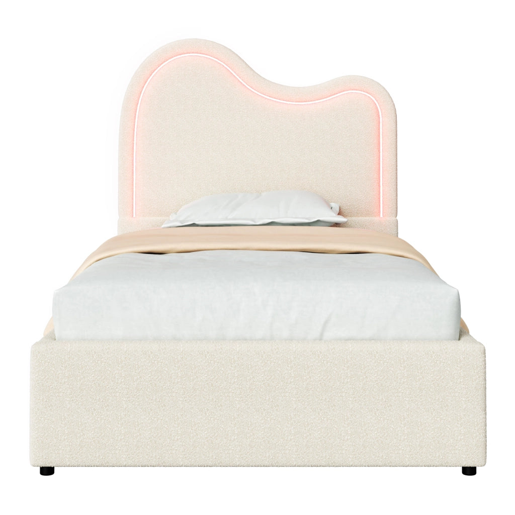 Letto imbottito 90x200 cm con contenitore e LED in bouclé bianco