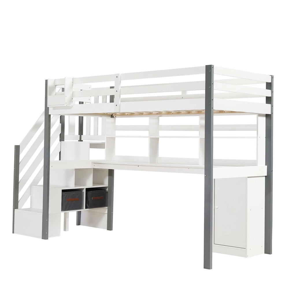 Letto a Soppalco con Scrivania e Contenitore ¨C MINIMAL ¨C Pino e MDF, Bianco e Grigio, 90x200
