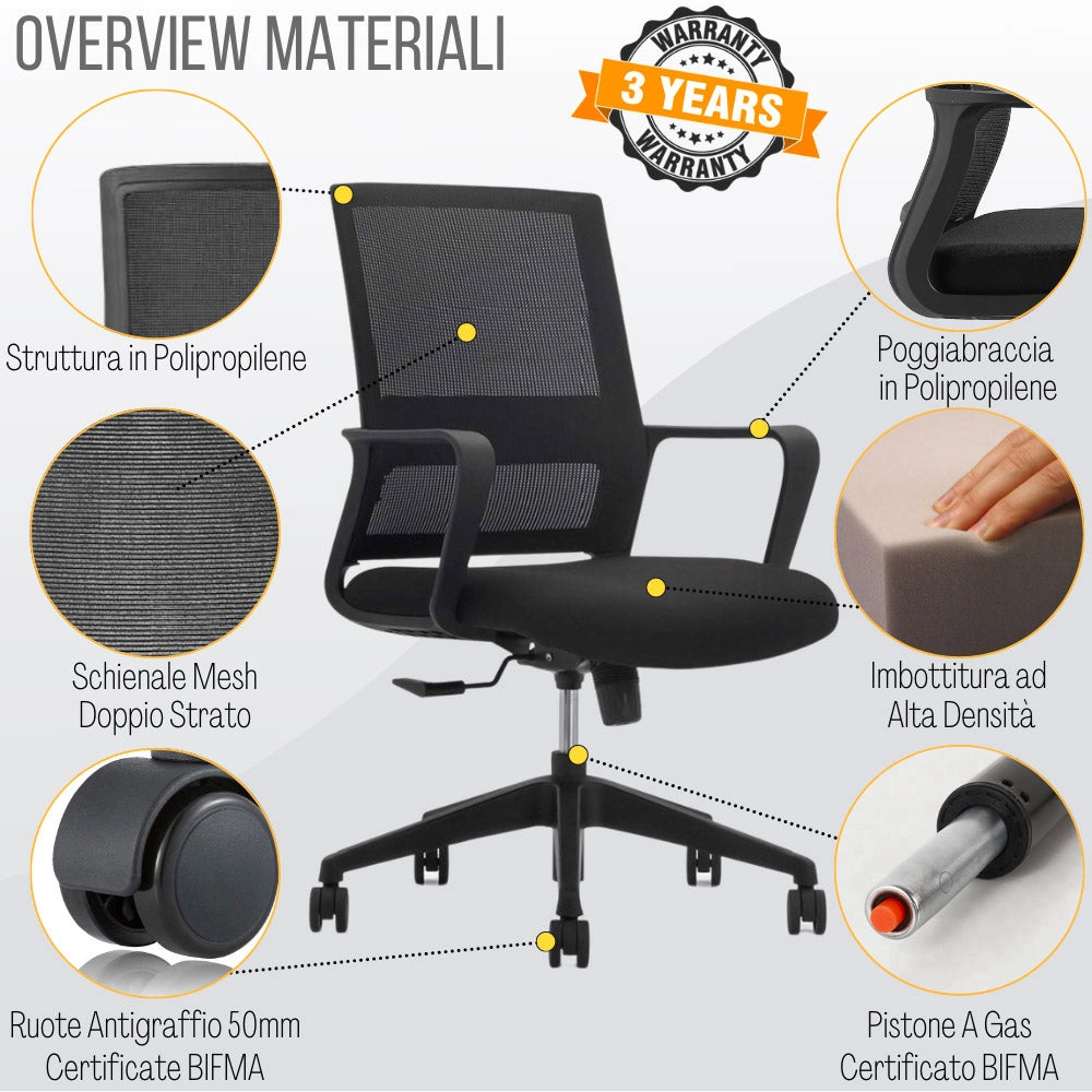 Sedia Operativa da Ufficio 45x51x94/100h cm Ergonomica con Supporto Lombare Nera