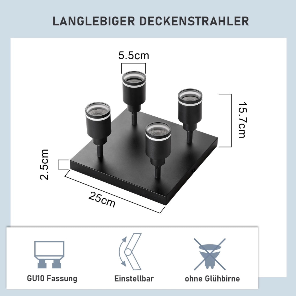 ZMH Faretto da soffitto neri 4 luci GU10 orientabili LED quadrati anche parete senza lampadina