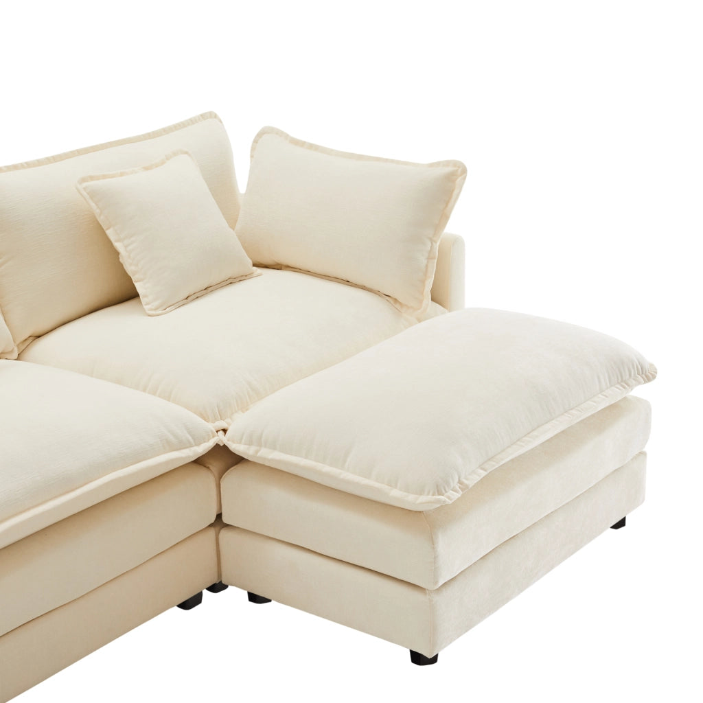 Divano 3 posti in chenille beige con pouf mobile, 283 cm