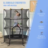 Trampolino Elastico per Bambini Ø1.6x1.9 m con Rete di Sicurezza e Pali Imbottiti, Età 3-10 Anni, Nero
