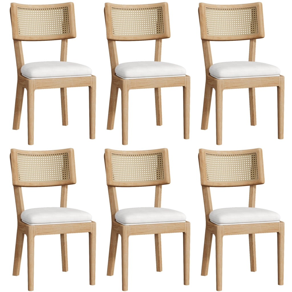Set di 4 sedie da pranzo in legno massiccio con schienale in rattan e cuscino in lino, colore legno
