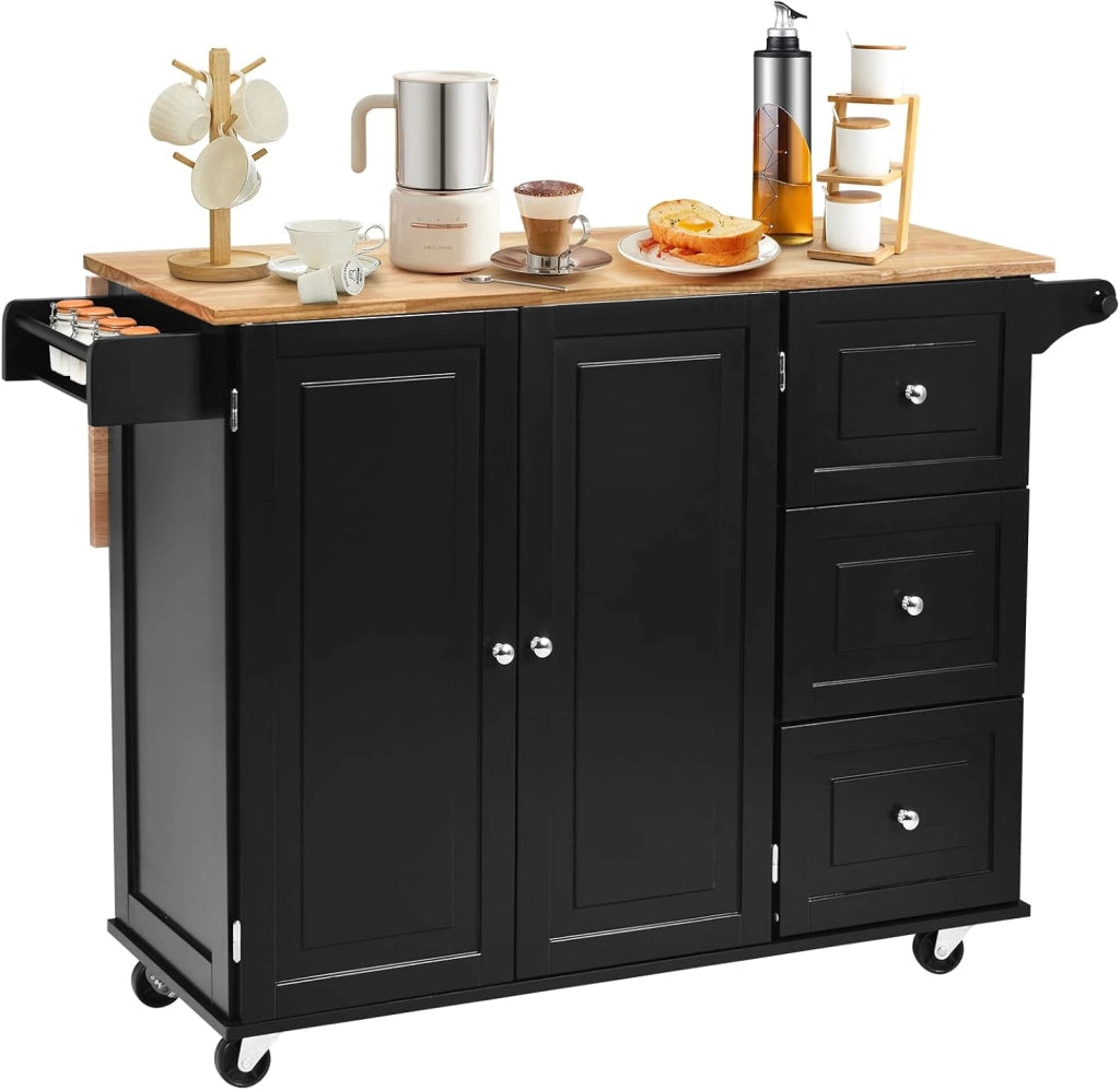 Carrello da Cucina, Credenza Mobile Salvaspazio, Ruote con 2 Freni, Piano Pieghevole, 2 Ripiani Regolabili, 3 Cassetti, 2 Ante, Portaspezie e Portasciugamano, 111x76x91 cm, Nero